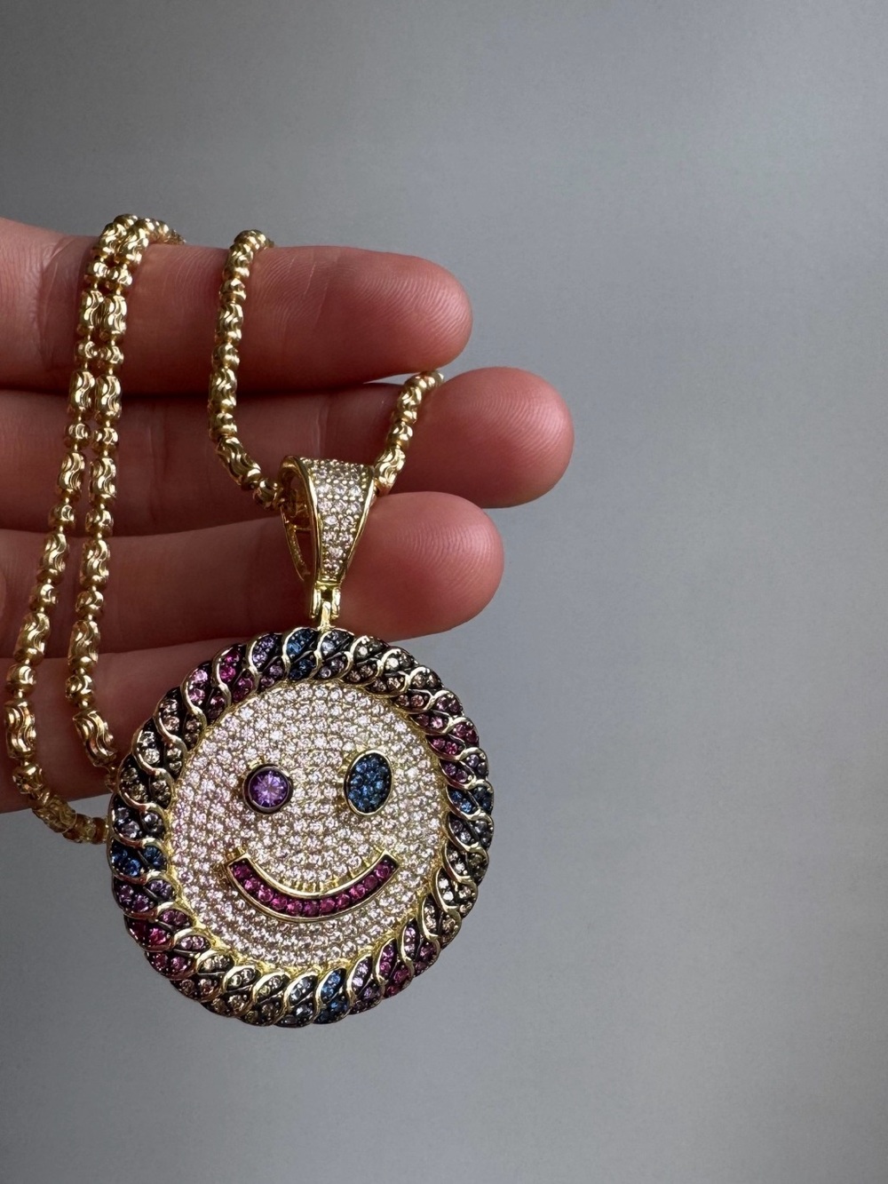 Iced Out Smiley Face Pendant Necklace - W/ Multicolor Crystal Accents